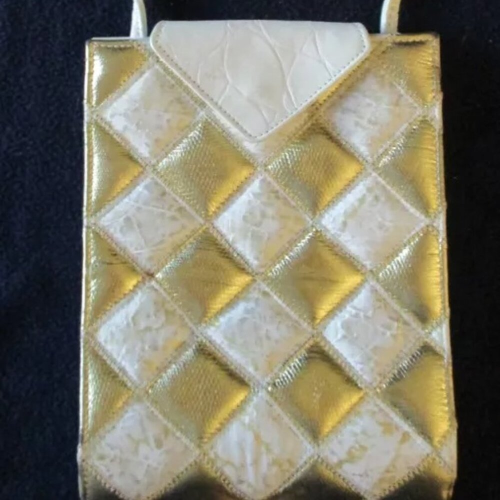 Gold and White Diamond Pattern Leather Shoulder Bag Purse